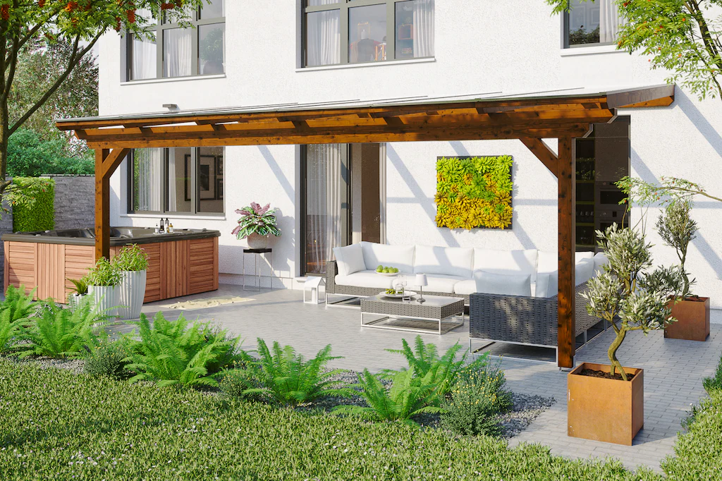 Skan Holz Terrassenüberdachung Ancona 648 x 250 cm Leimholz Nussbaum günstig online kaufen