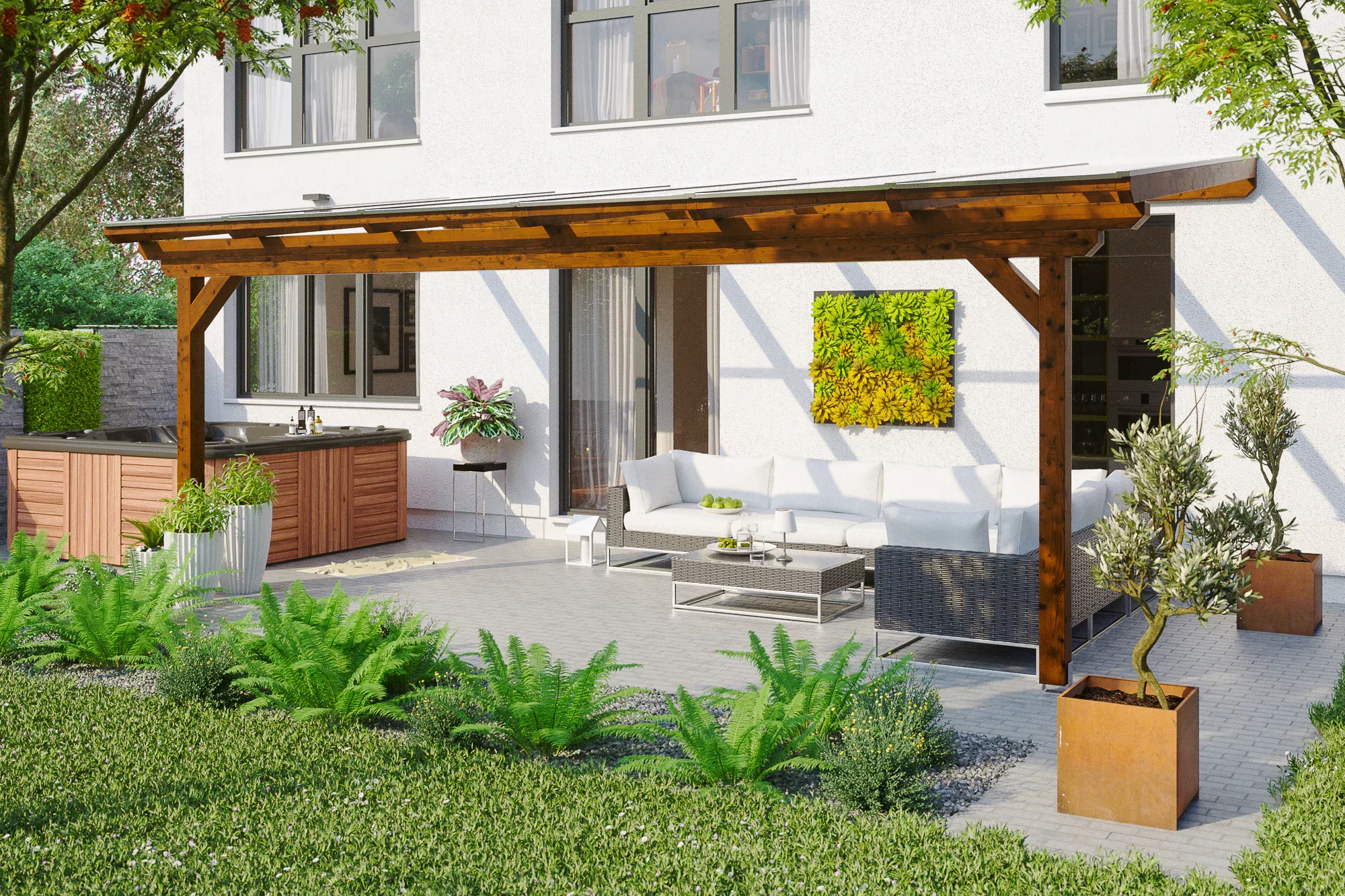 Skan Holz Terrassenüberdachung Ancona 648 x 250 cm Leimholz Nussbaum günstig online kaufen