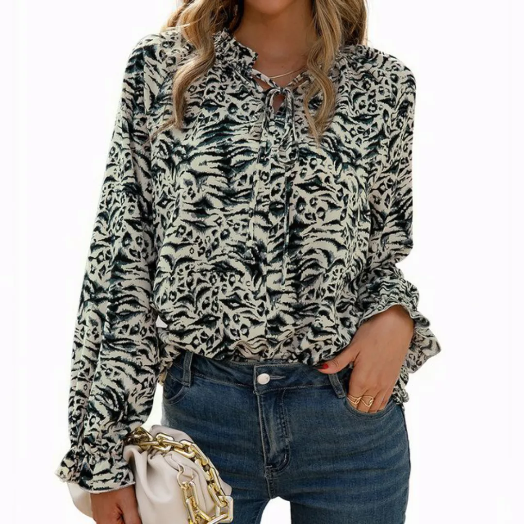 RUZU UG Langarmhemd Damen-Shirt mit Leopardenmuster, V-Ausschnitt, lockeres günstig online kaufen