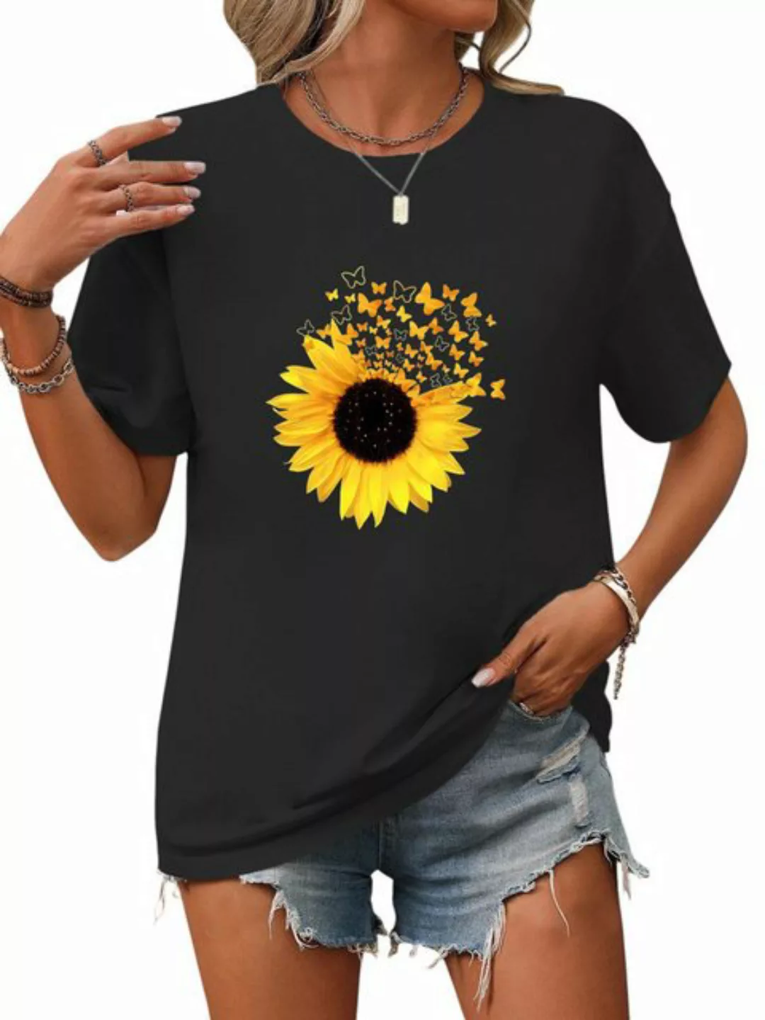 PYL Kurzarmshirt Damen Sommer Kurzarmbluse Locker Sonnenblume Print-Shirt günstig online kaufen