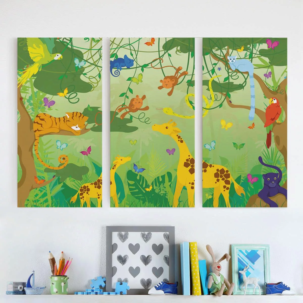 3-teiliges Leinwandbild Kinderzimmer - Querformat Dschungelspiel günstig online kaufen