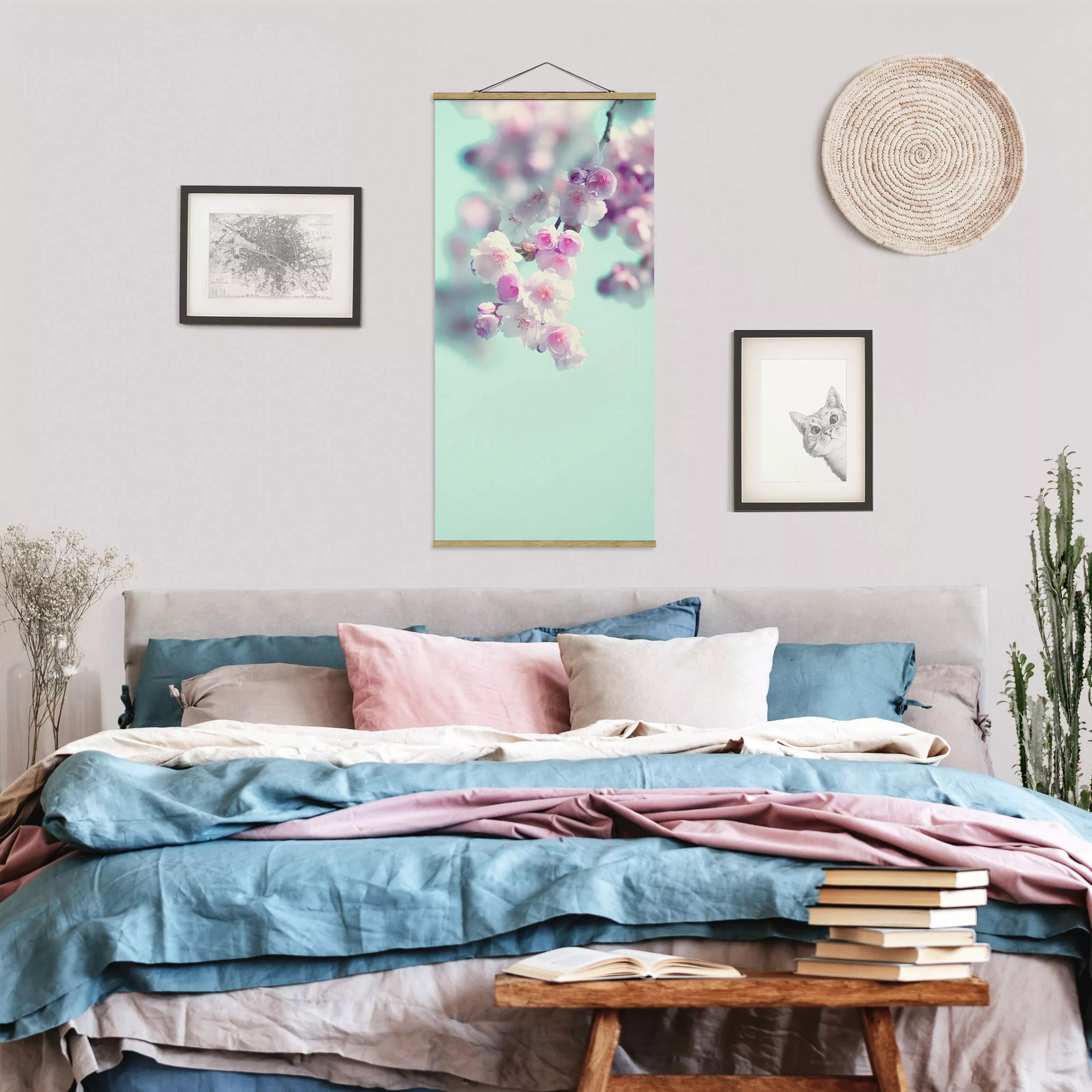 Stoffbild mit Posterleisten Farbenfrohe Kirschblüten günstig online kaufen