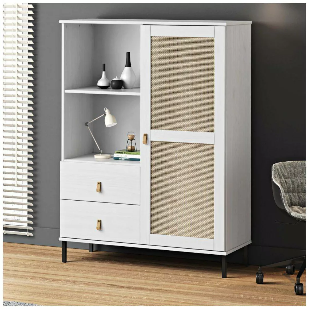 Highboard 100 cm breit in Kiefer massiv weiß mit Kunststoffgeflecht, WATFOR günstig online kaufen