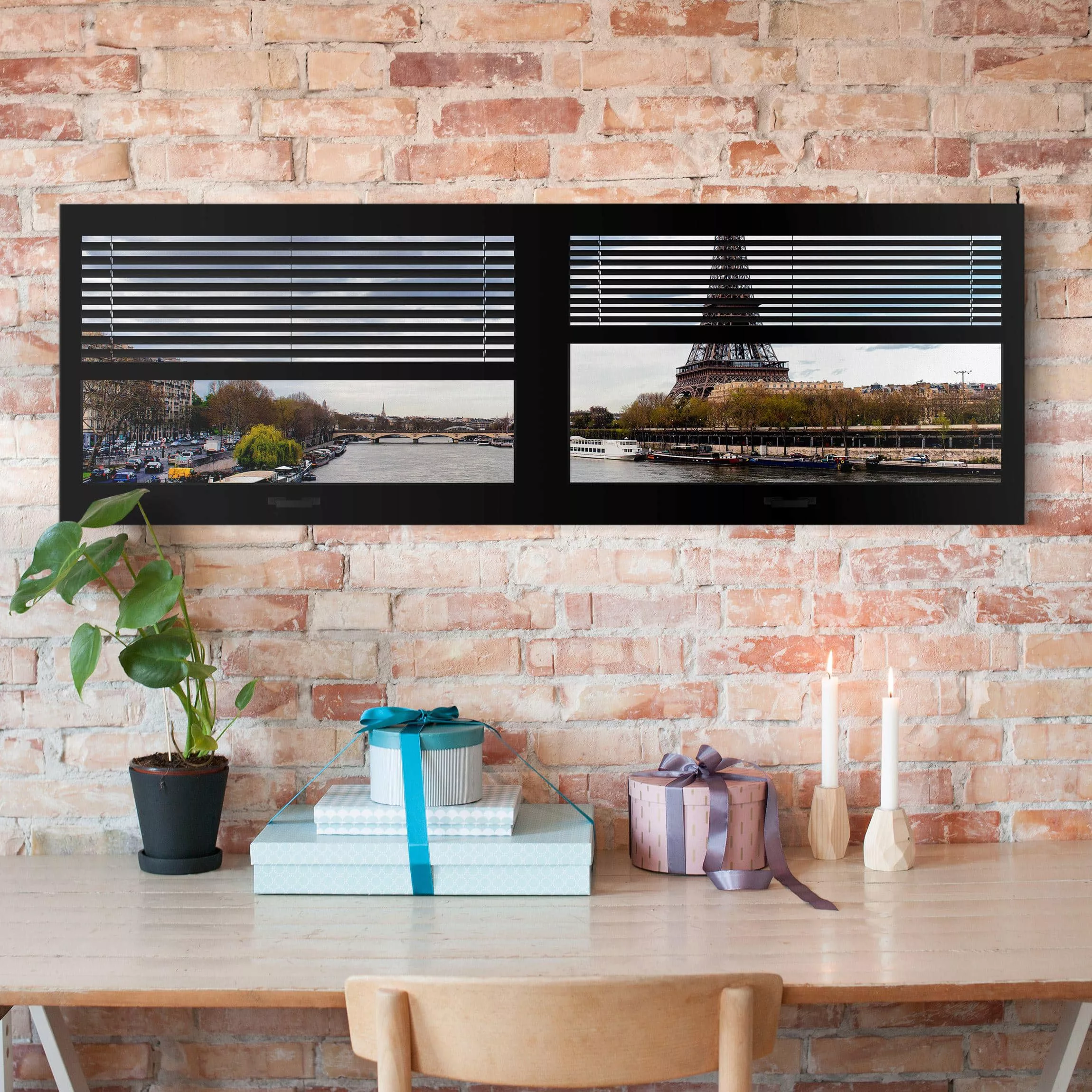 Leinwandbild Paris - Panorama Fensterausblick Jalousie - Seine und Eiffeltu günstig online kaufen