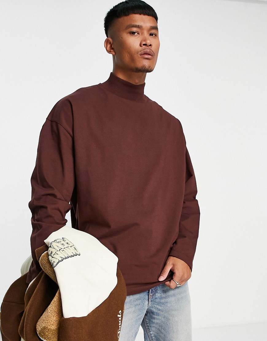 ASOS DESIGN – Langärmliges Oversize-Shirt in Braun mit Stehkragen günstig online kaufen