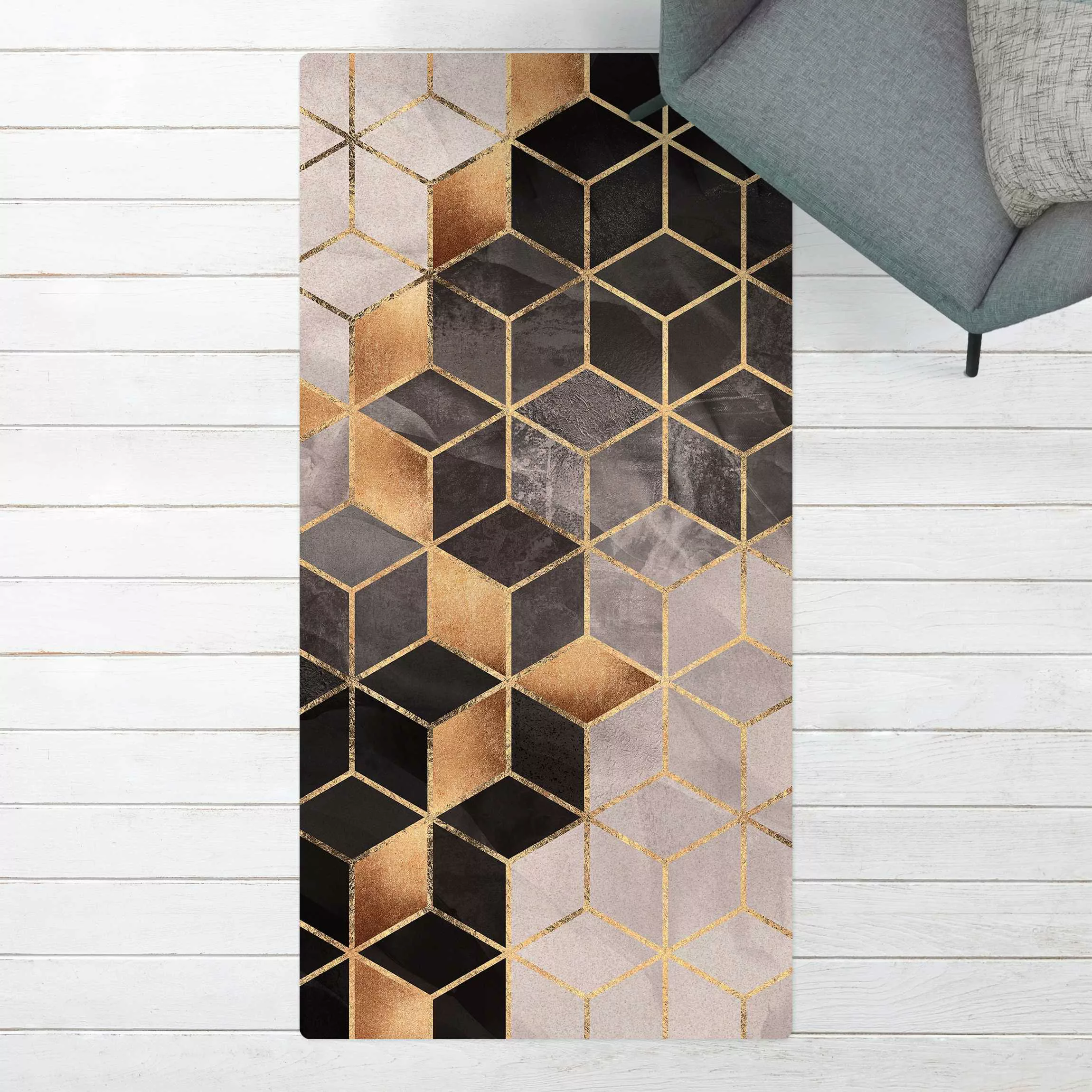 Kork-Teppich Schwarz Weiß goldene Geometrie günstig online kaufen