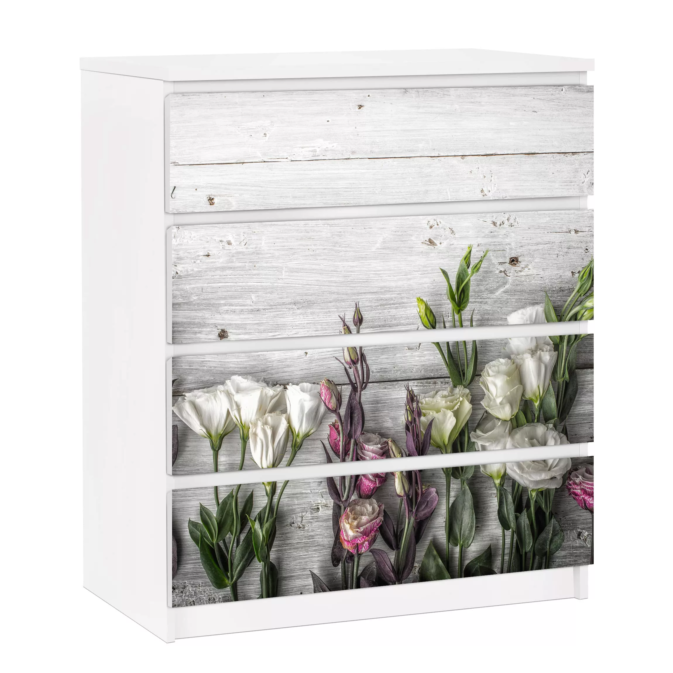 Möbelfolie für IKEA Malm Kommode 4 Schubladen Tulpen-Rose Shabby Holzoptik günstig online kaufen