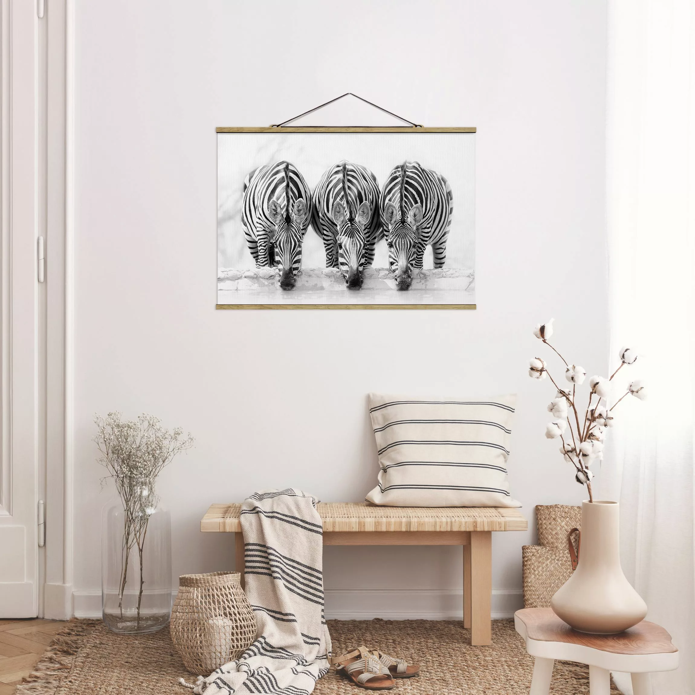 Stoffbild Tiere mit Posterleisten - Querformat Zebra Trio schwarz-weiß günstig online kaufen