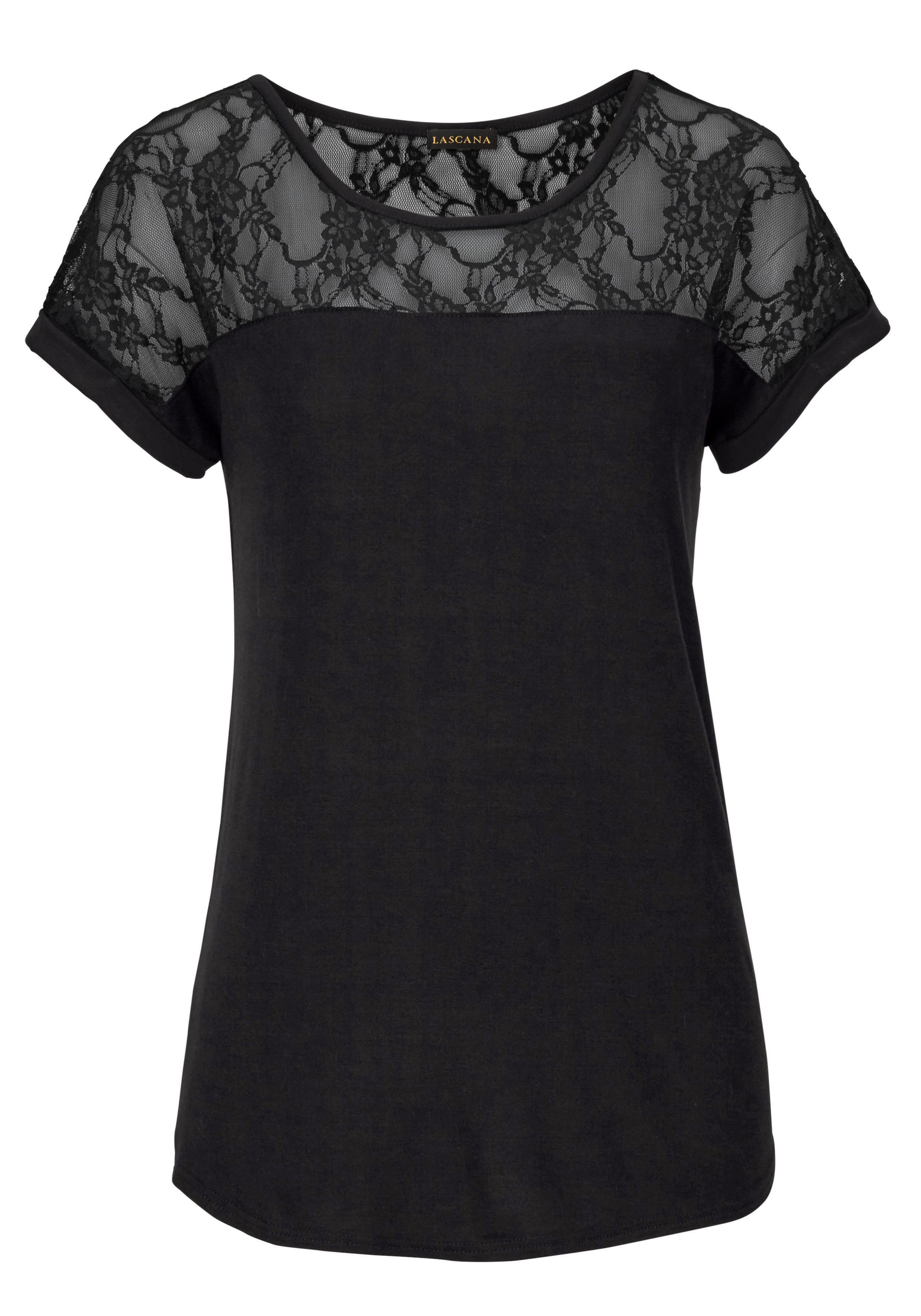 LASCANA Strandshirt, mit Spitzeneinsatz, T-Shirt, Kurzarmshirt, feminin-mod günstig online kaufen
