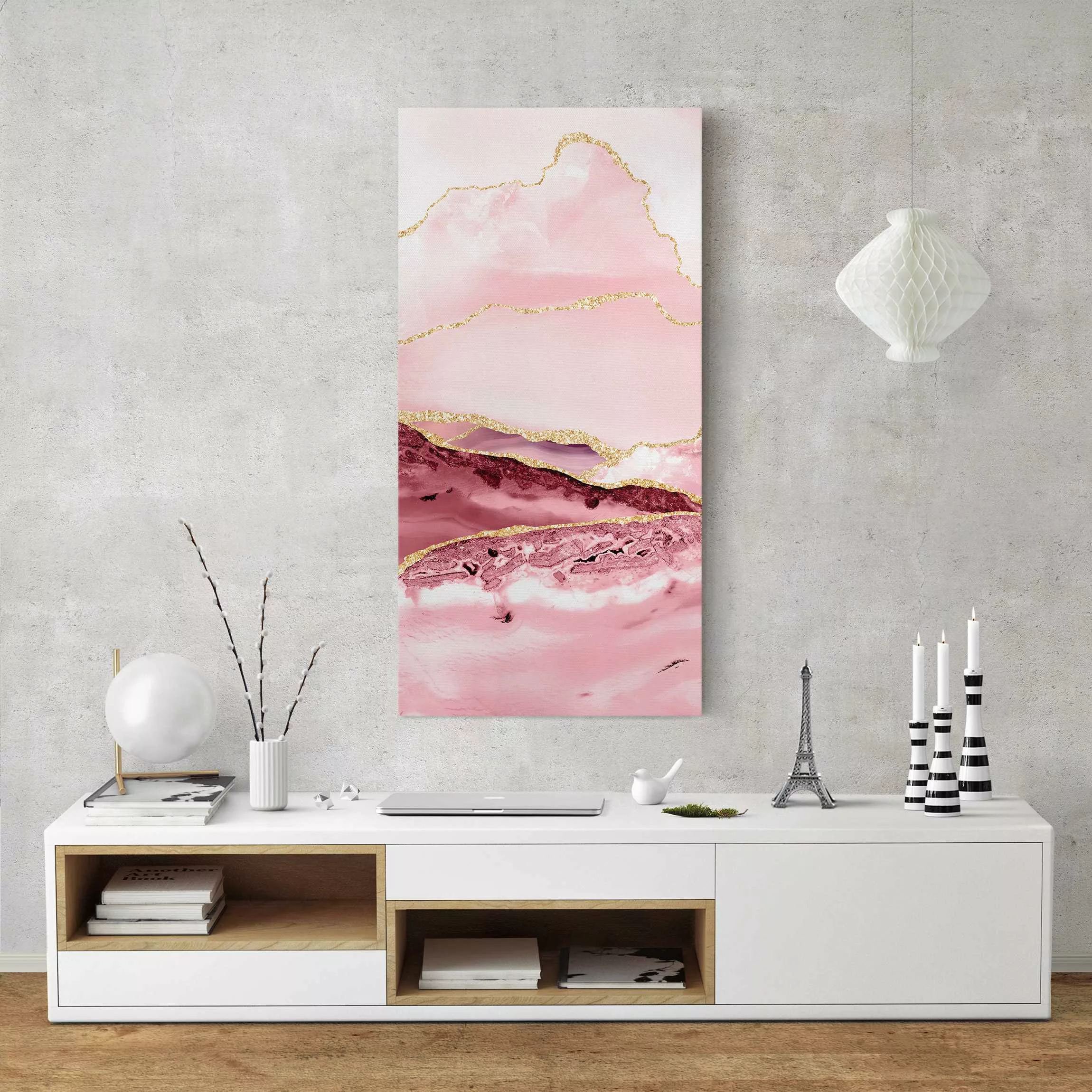 Leinwandbild Abstrakte Berge Rosa mit Goldenen Linien günstig online kaufen