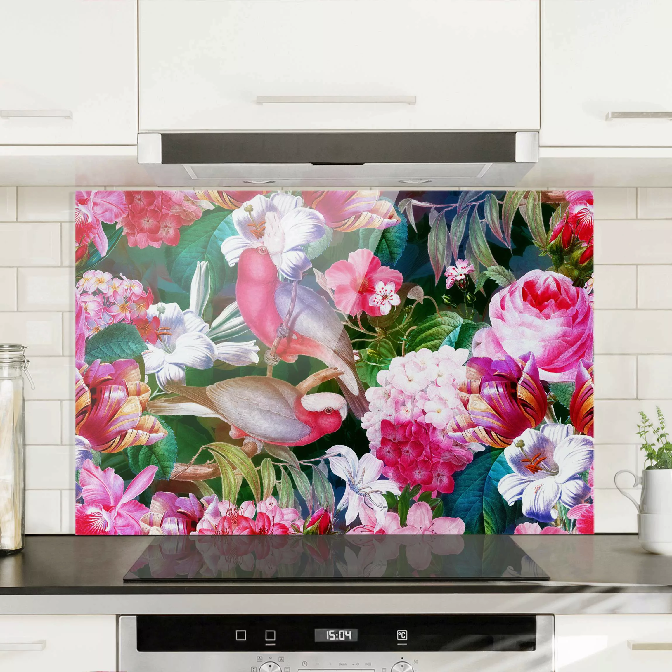 Spritzschutz Bunte Tropische Blumen mit Vögeln Pink günstig online kaufen