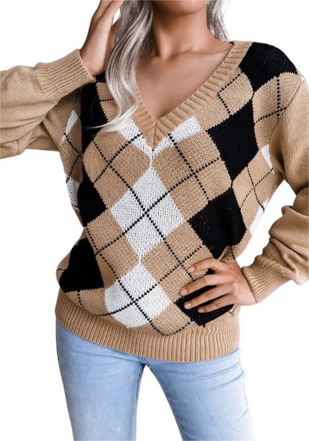 Mayou Strickpullover Damen Winter V Ausschnitt Strickpullover Argyle Langar günstig online kaufen