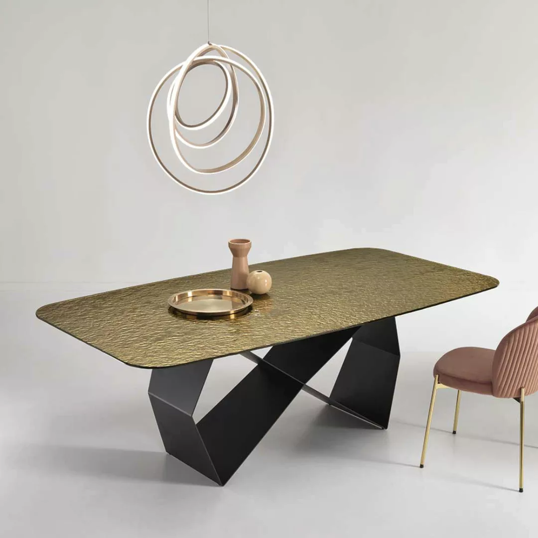 Moderner Esszimmer Tisch mit Strukturglasplatte Wangen Gestell günstig online kaufen