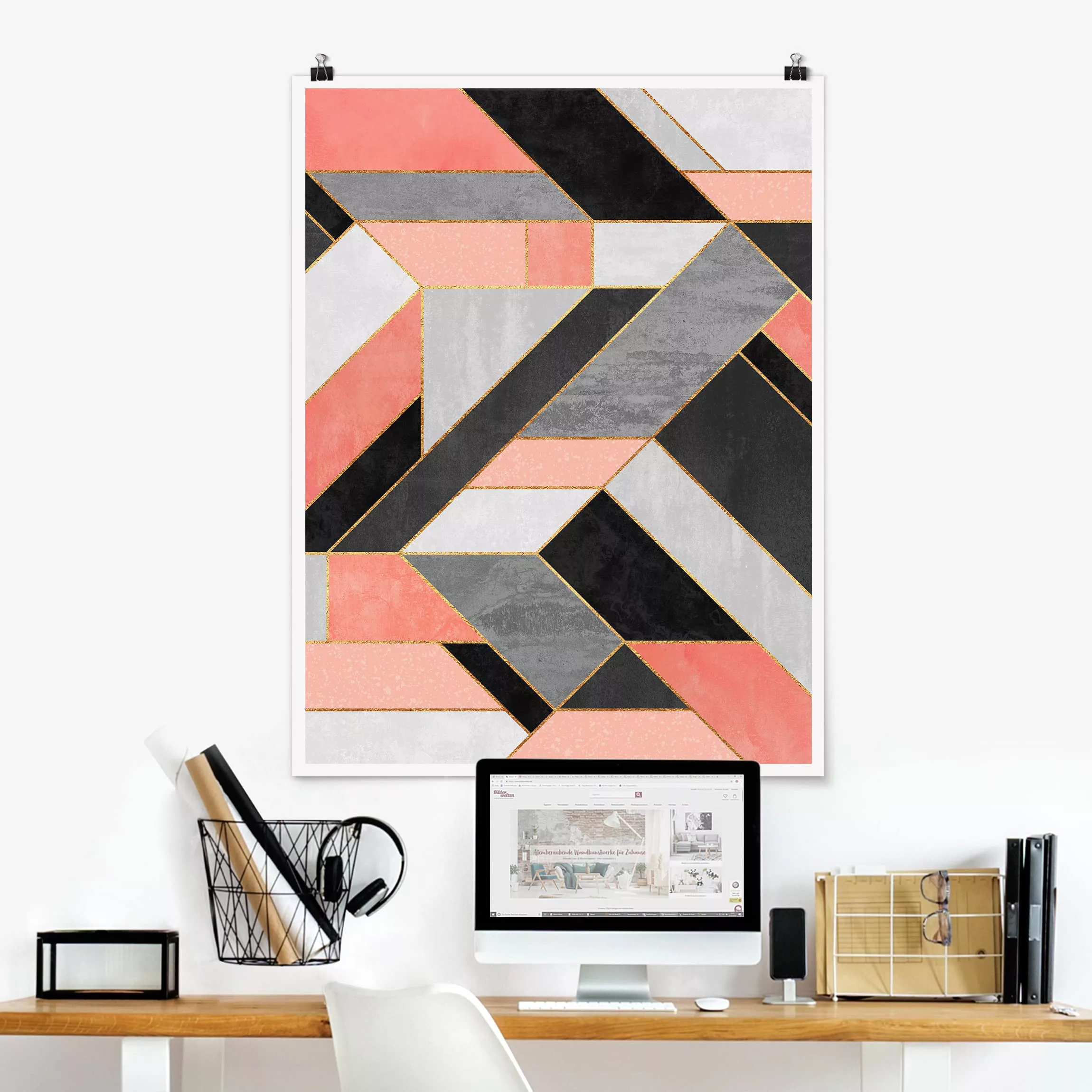 Poster - Hochformat Geometrie Rosa und Gold günstig online kaufen