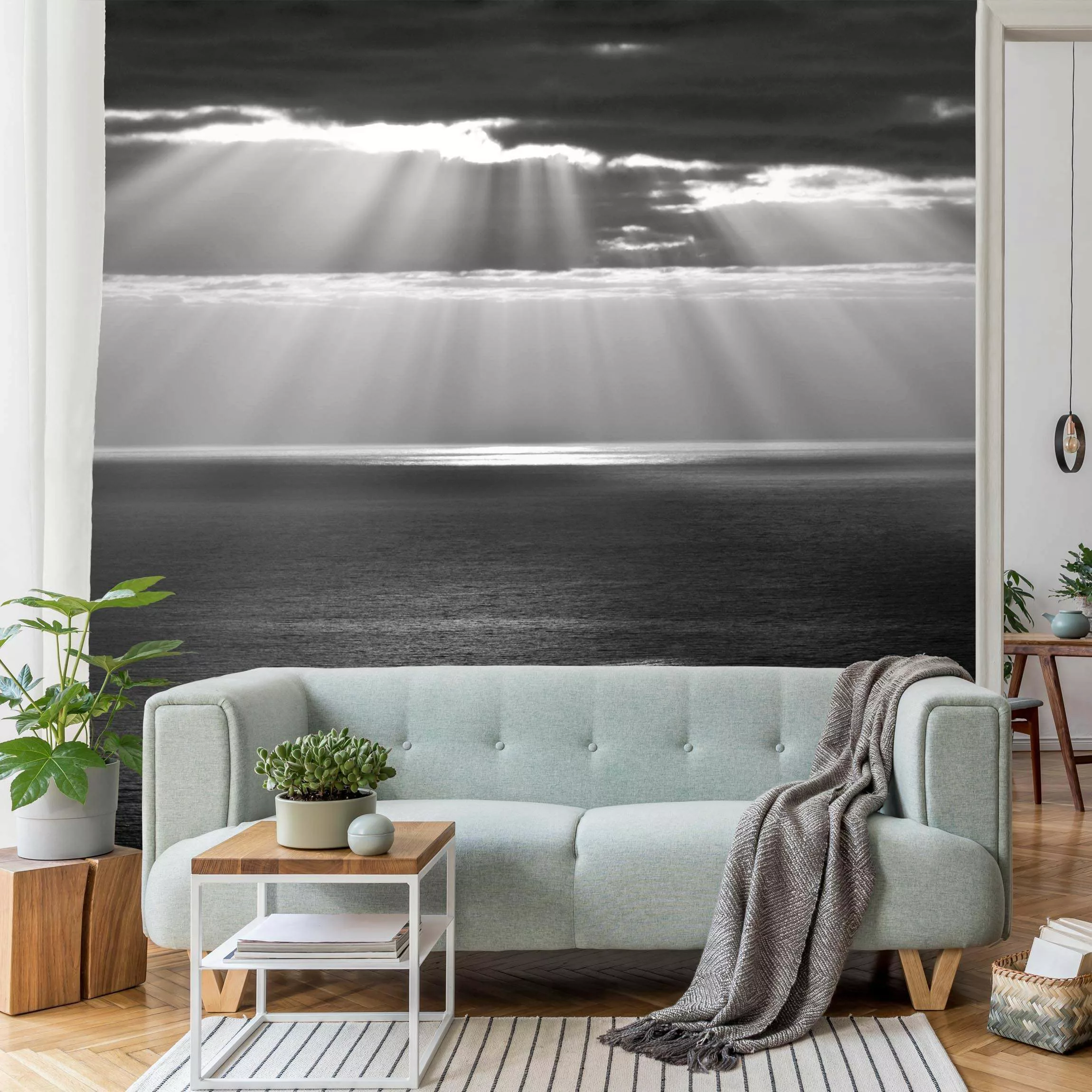 Fototapete Sonnenstrahlen über dem Meer Schwarz-Weiß günstig online kaufen