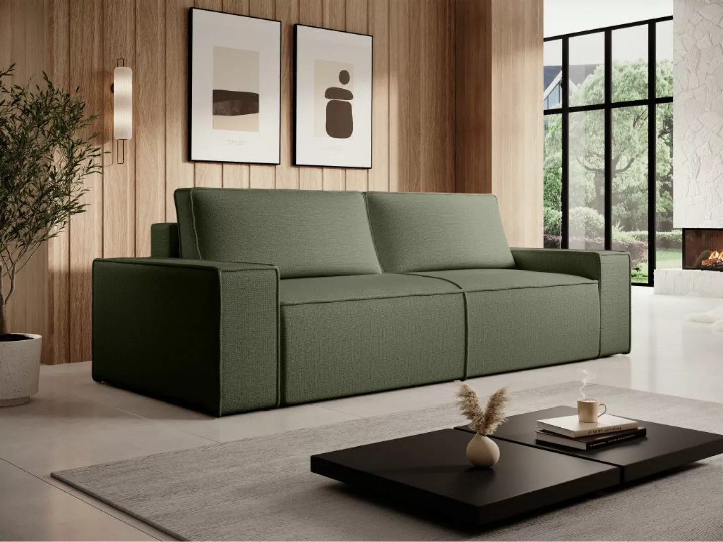 Sofa 4-Sitzer - Mit Schlaffunktion - Strukturstoff - Grün - AMELIA günstig online kaufen