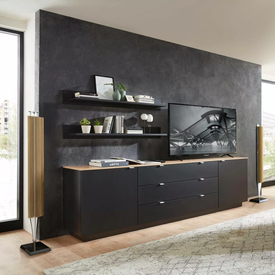 TV Sideboard Set mit Wandregalen Fernsehschrank schwarz mit Eiche, Breite 2 günstig online kaufen
