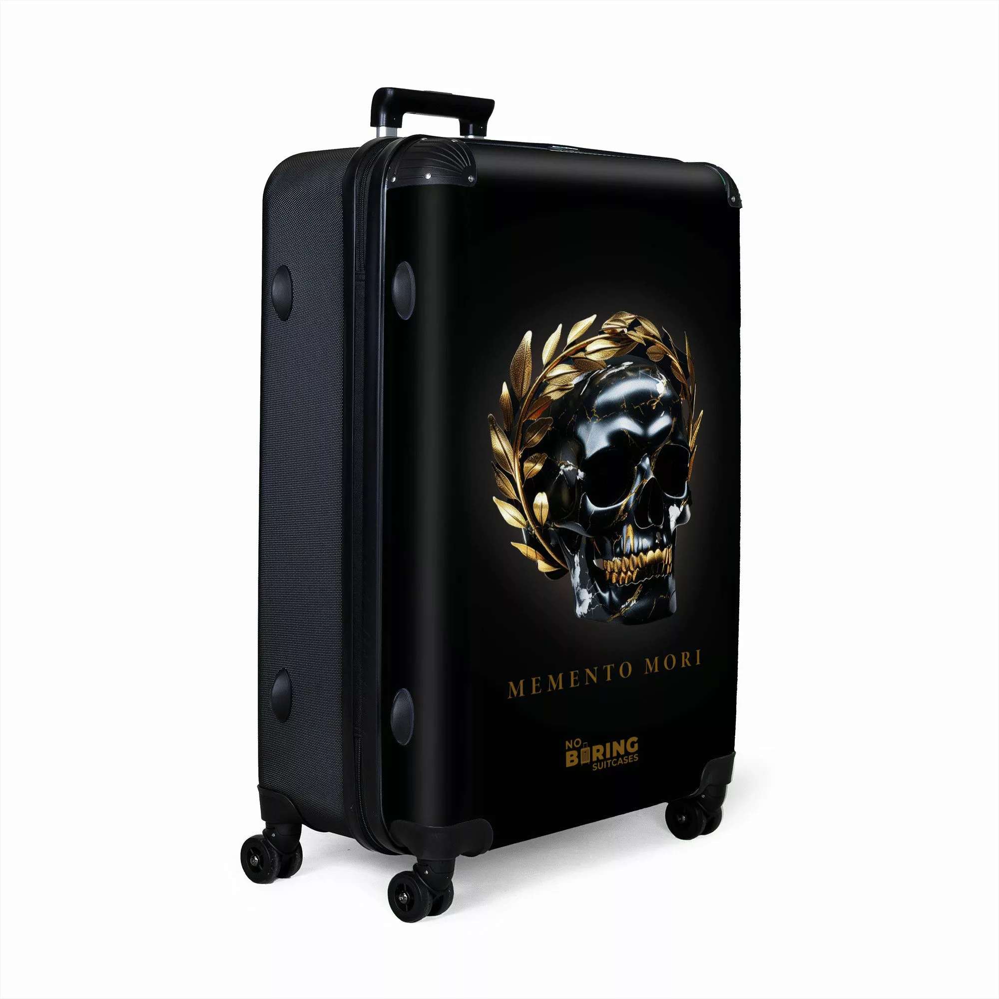 NoBoringSuitcases.com© Hartschalen-Trolley Schwarz mit goldenem Totenkopf günstig online kaufen