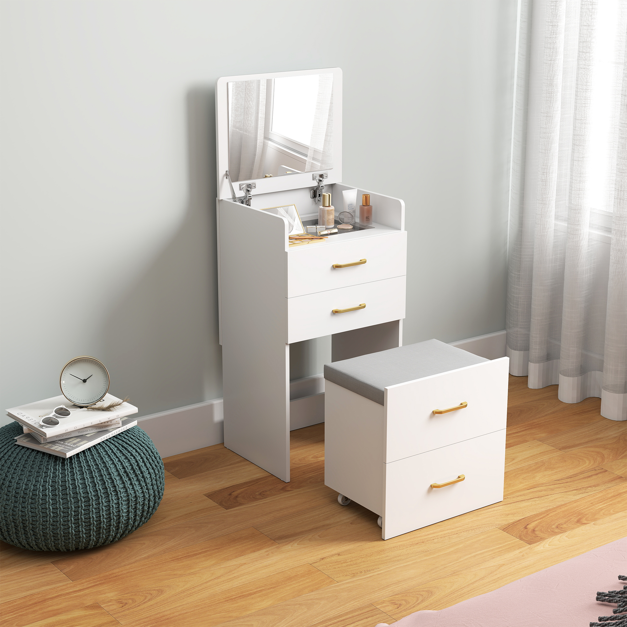 HOMCOM Coiffeuse mit Spiegel und Hocker 3 in 1, Schminktisch mit 3 Schublad günstig online kaufen