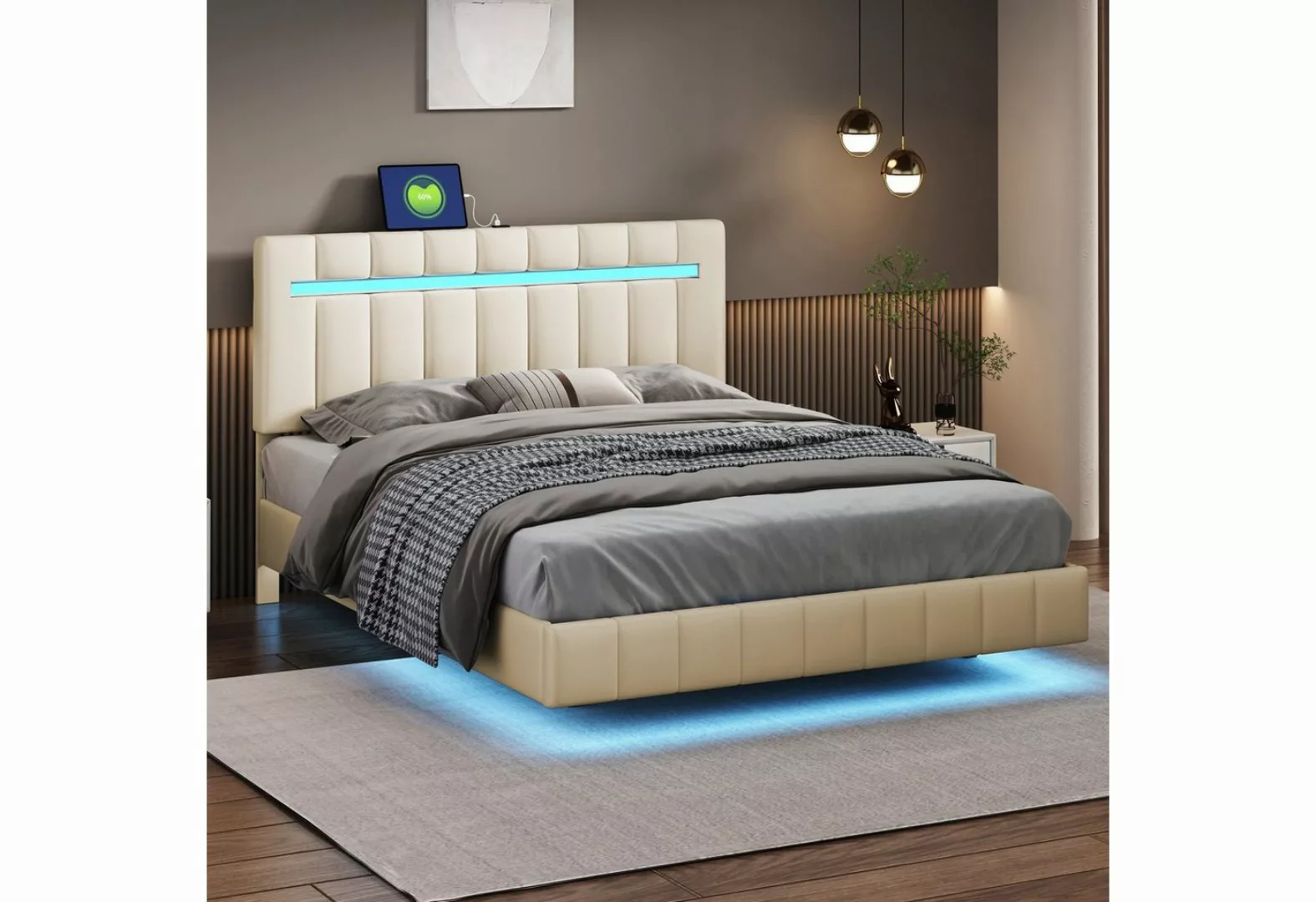 OKWISH Polsterbett Doppelbett mit LED-Leuchten und Kopfteildesign (flächige günstig online kaufen