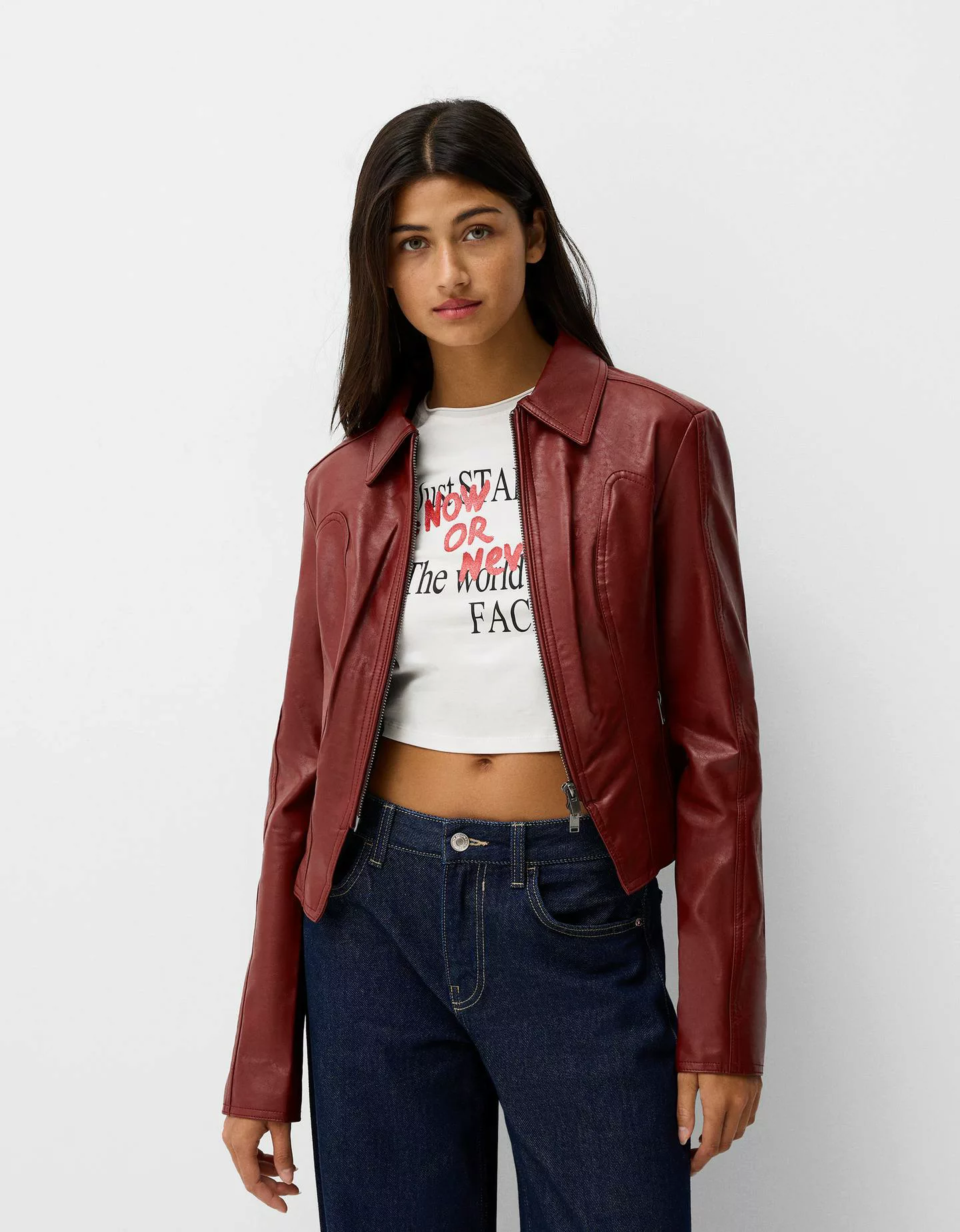 Bershka Kunstlederjacke Damen Xs Weinrot günstig online kaufen