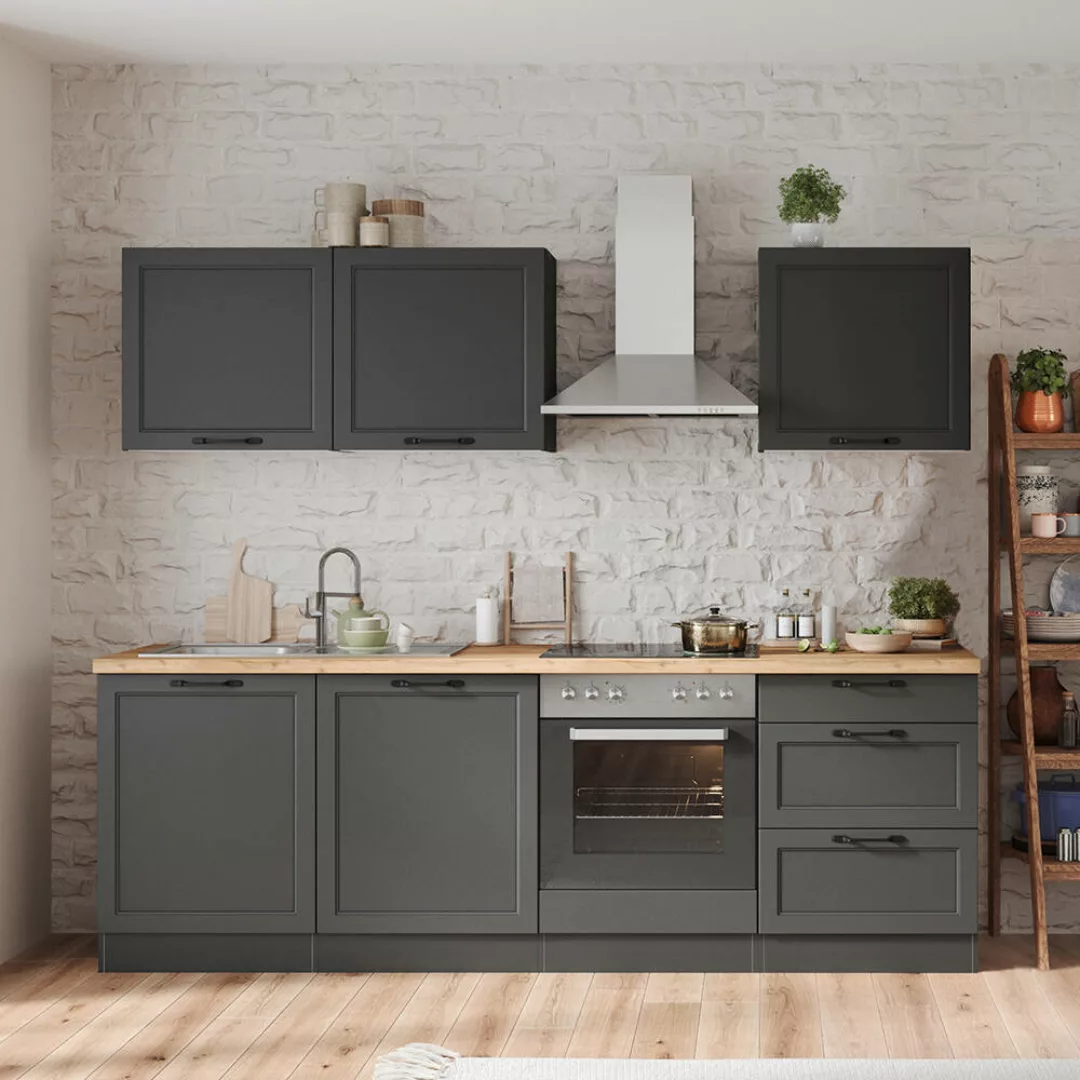 Küchenzeile 240 cm mit E-Geräten in grau, Arbeitsplatte in Eiche, MONTERREY günstig online kaufen