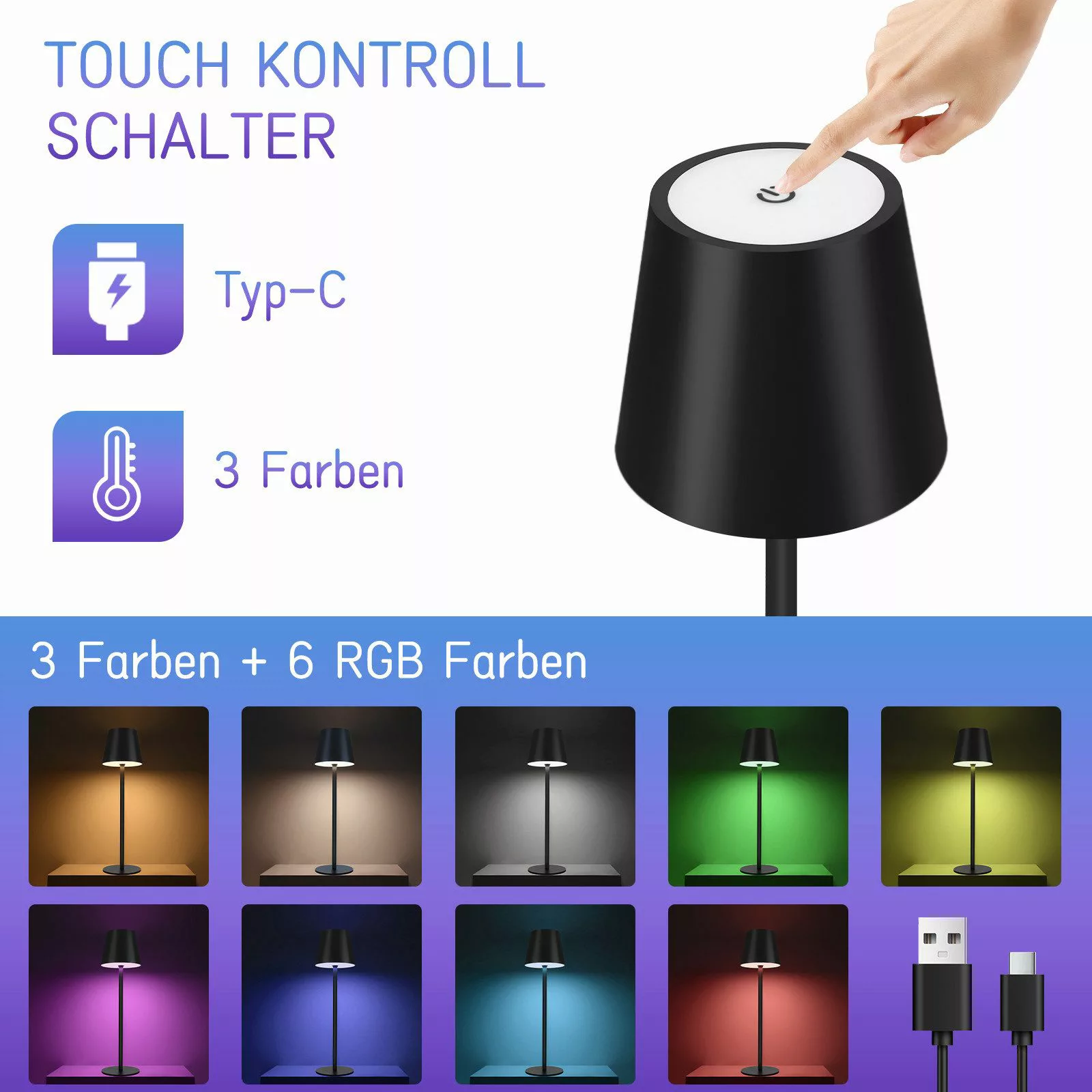 Nettlife LED Tischleuchte Kabellos Nachttischlampe Touch günstig online kaufen