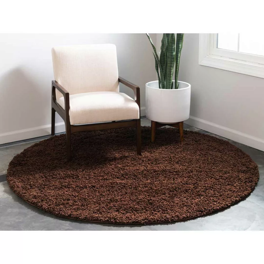 Dunkelbrauner Shaggy Teppich aus Hochflor 120 cm oder 150 cm Durchmesser günstig online kaufen