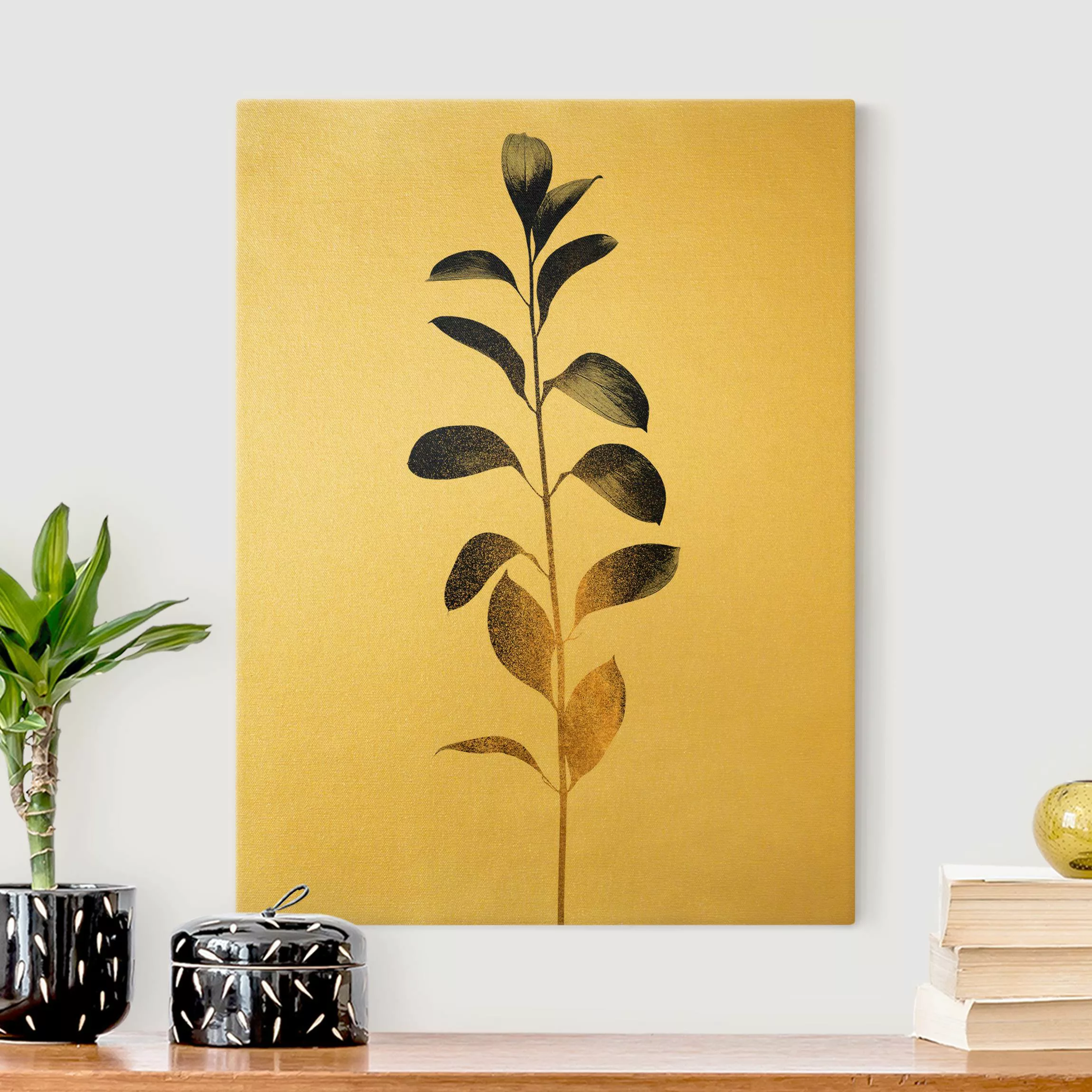 Leinwandbild Grafische Pflanzenwelt - Gold und Grau günstig online kaufen