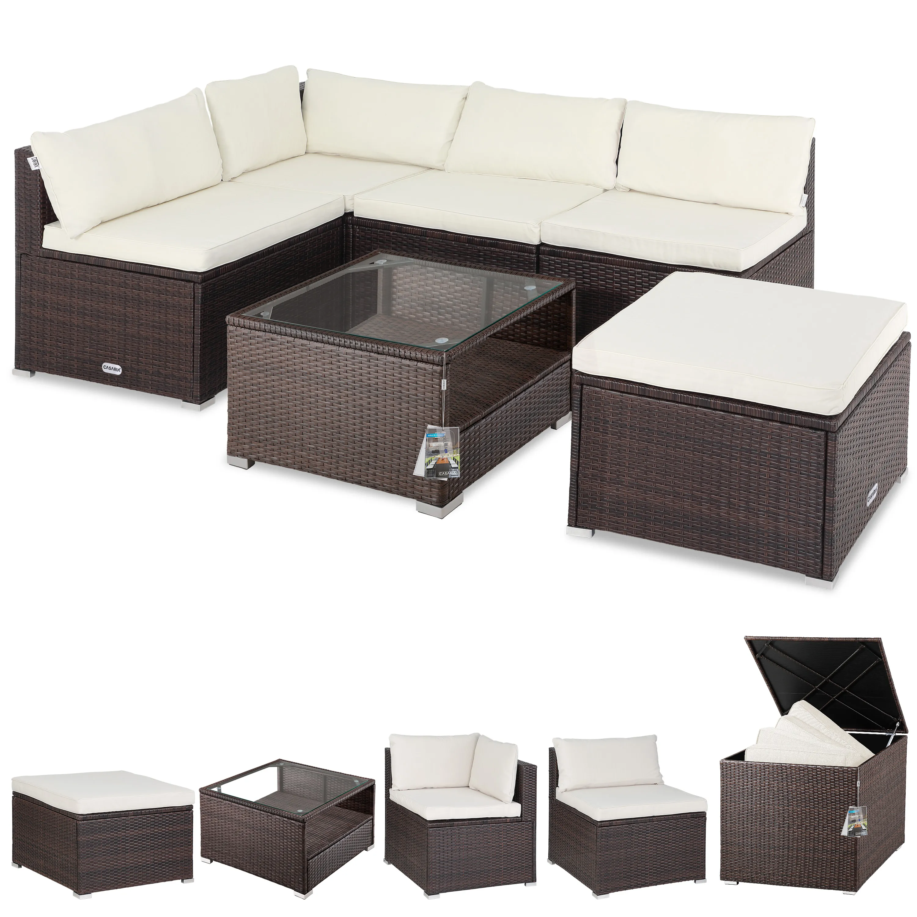 Polyrattan Ecklounge Braun/Creme mit Polyrattan Auflagenbox Braun günstig online kaufen