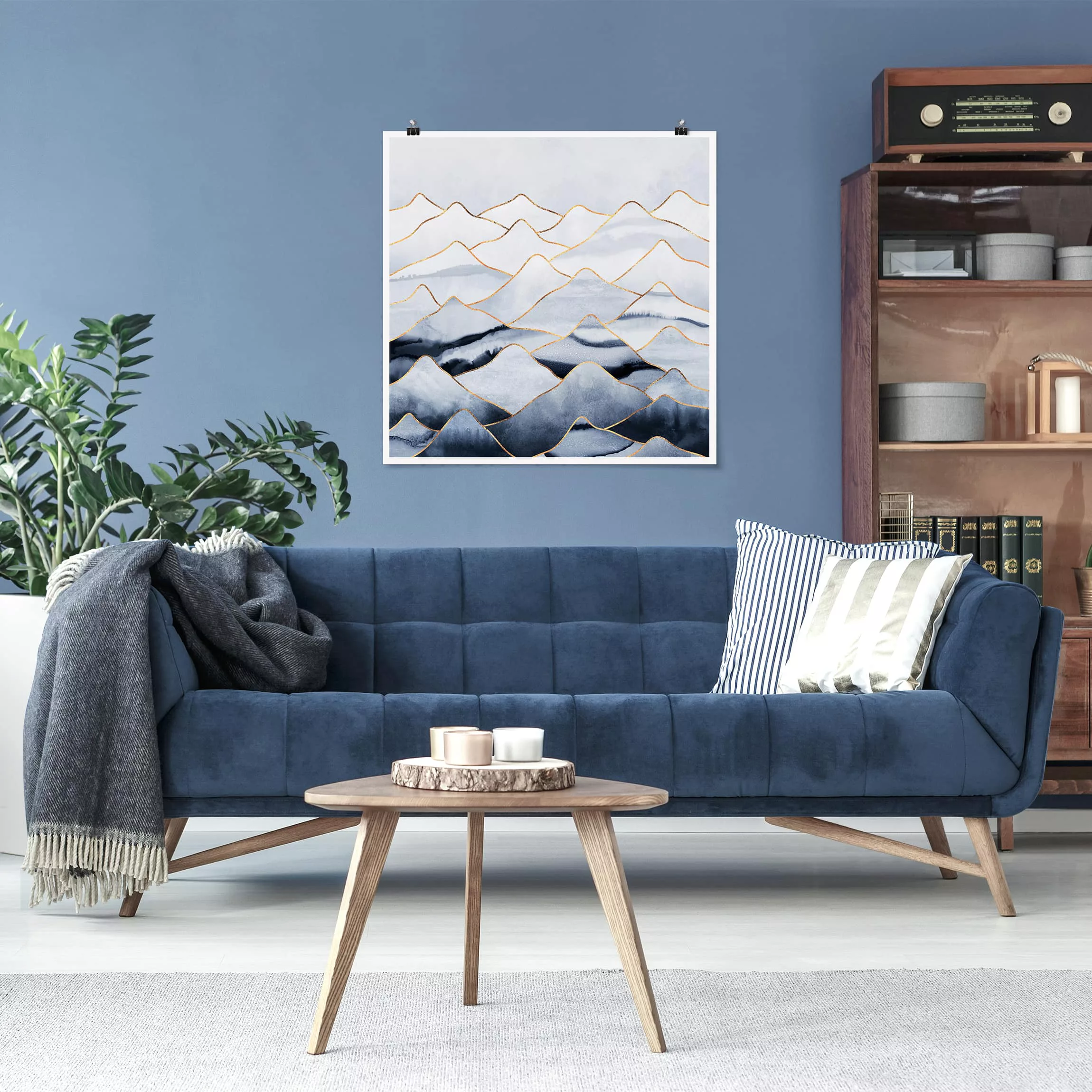 Poster Abstrakt - Quadrat Aquarell Berge Weiß Gold günstig online kaufen