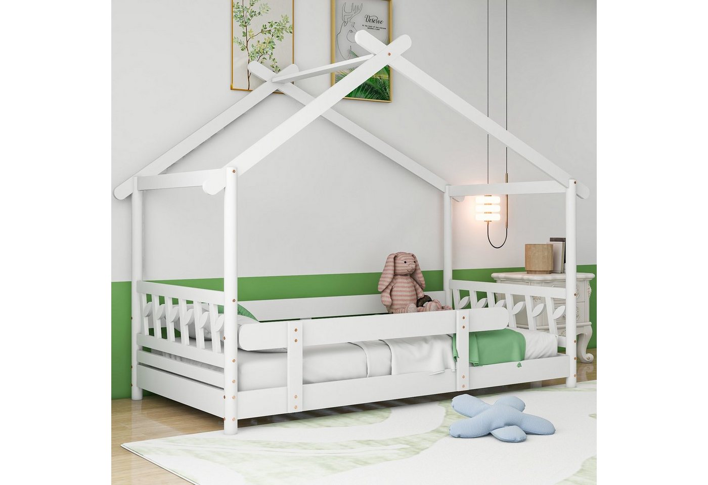 REDOM Kinderbett Hausbett Funktionsbett Holzbett mit Gitter und Lattenrost günstig online kaufen