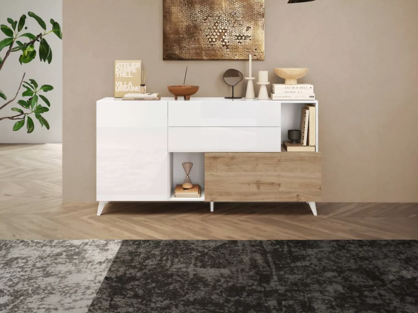 Sideboard mit 2 Türen, 2 Schubladen & 2 Ablagefächern - Holzfarben & Weiß l günstig online kaufen