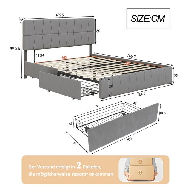 FUROKOY Polsterbett Polsterbett 160x200 cm mit Kopfteil, Bett mit 4 Staurau günstig online kaufen