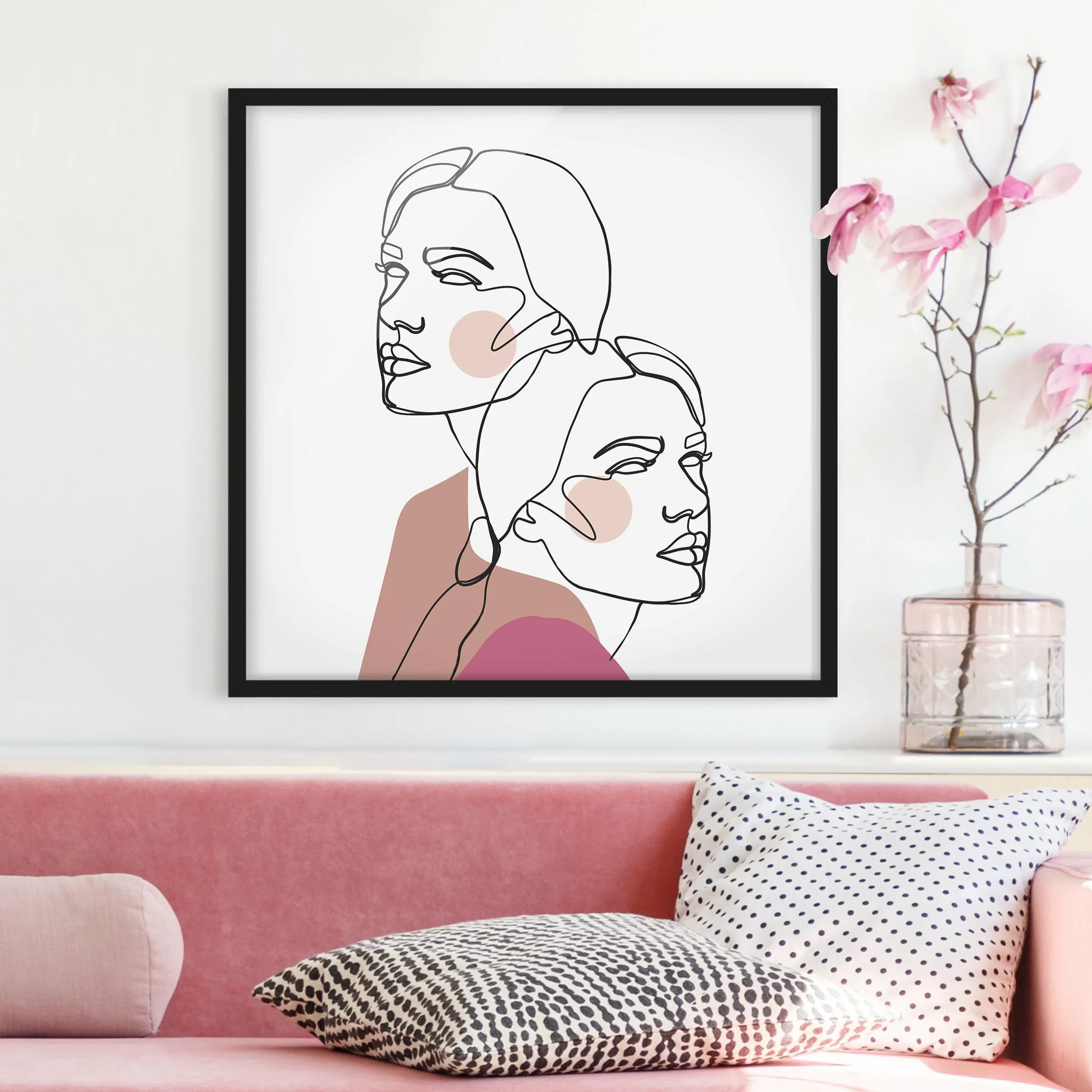 Bild mit Rahmen - Quadrat Line Art Frauen Portrait Wangen Rosa günstig online kaufen