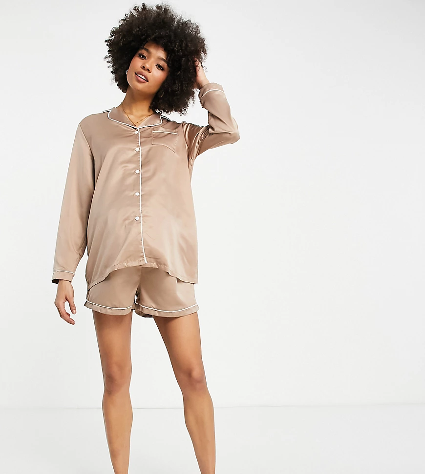 Loungeable – Umstandsmode – Mix and Match – Satin-Pyjamashorts in Mokka-Bra günstig online kaufen