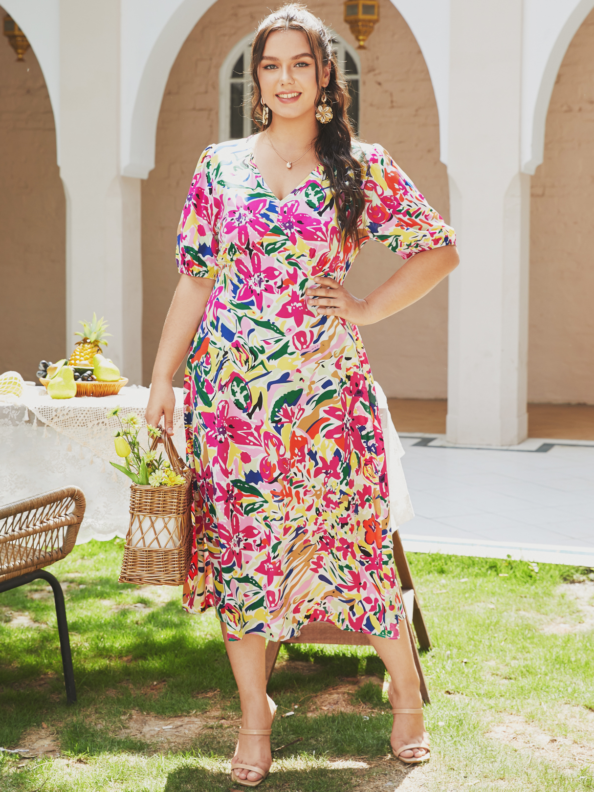 YOINS Plus Größe V-Ausschnitt Blumendruck Bindedesign Maxi Kleid günstig online kaufen