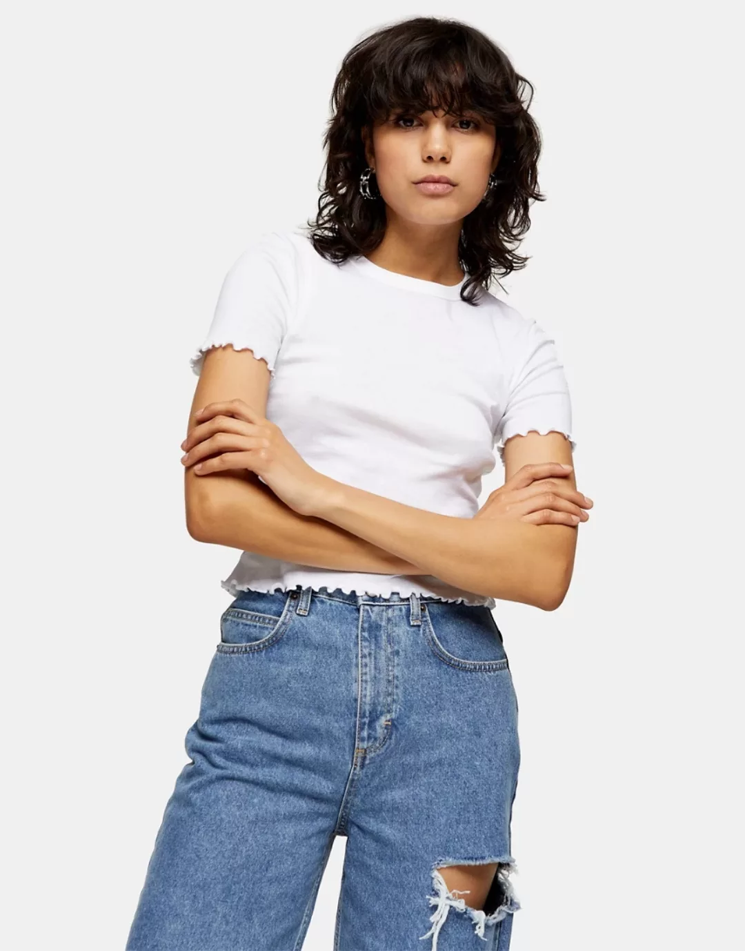 Topshop – T-Shirt mit Rollsaum in Weiß günstig online kaufen