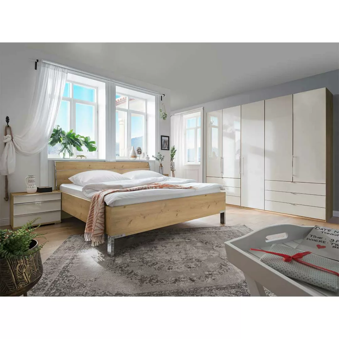 Schlafzimmer Set in Eiche Bianco und Beige glasbeschichtet modern (vierteil günstig online kaufen