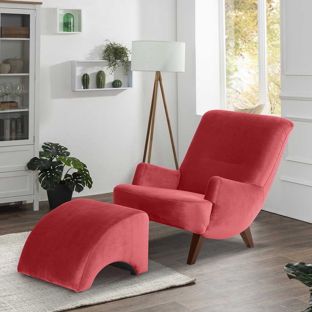 Entspannungssessel rot aus Samtvelours Vierfußgestell in Nussbaumfarben günstig online kaufen