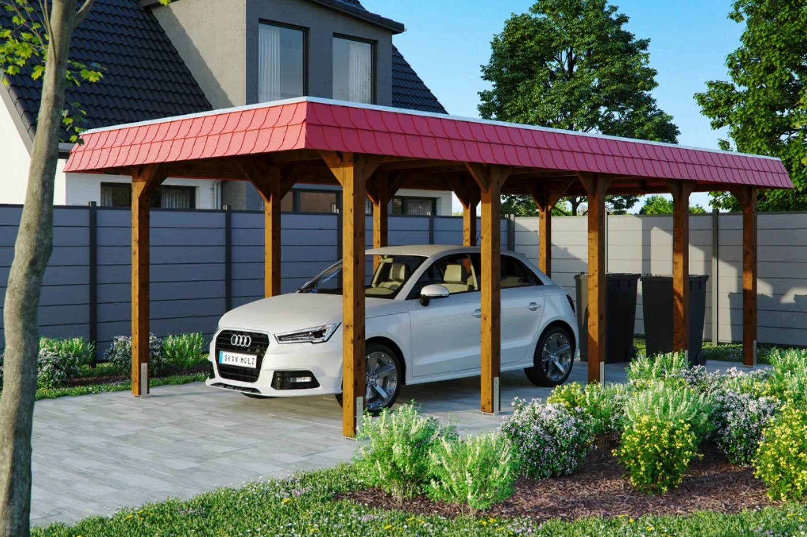 Skan Holz Carport Spreewald 345 cm x 741 cm rote Blende Nussbaum günstig online kaufen