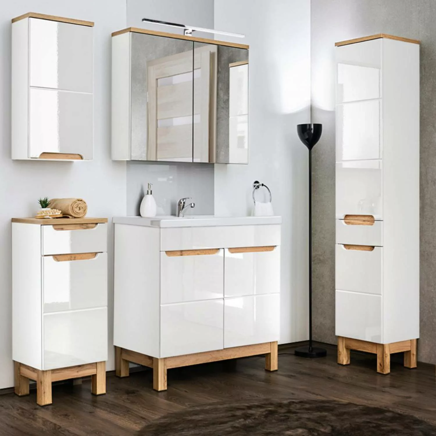 Badmöbel Komplett-Set mit 80cm Keramikwaschtisch & LED-Spiegelschrank SOLNA günstig online kaufen