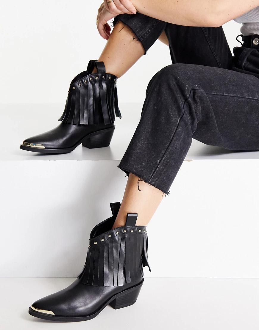 Love Moschino – Ankle-Boots in Schwarz mit Absatz und Fransendetails im Wes günstig online kaufen