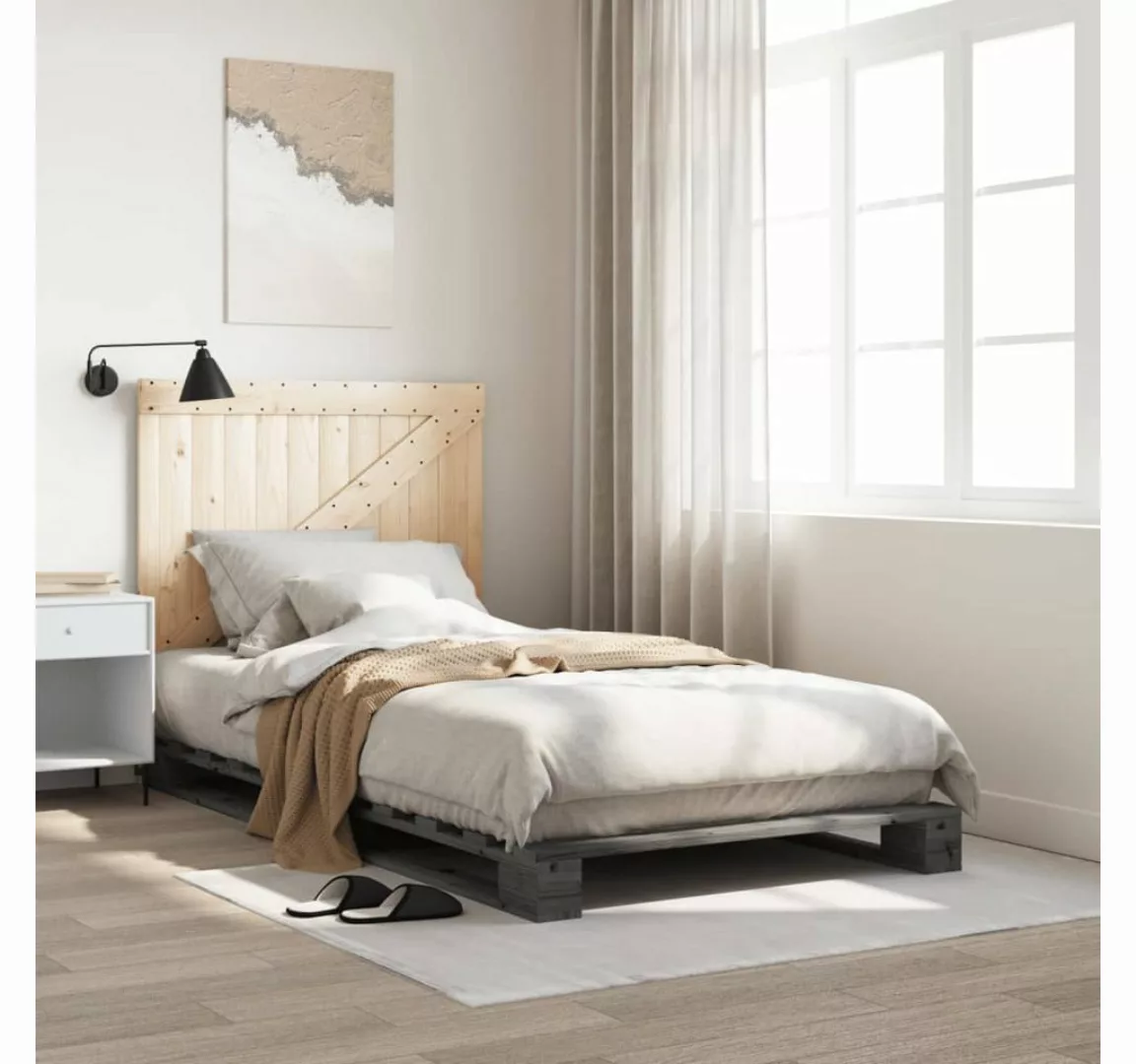 vidaXL Bett Massivholzbett mit Kopfteil Grau 100x200 cm Kiefer günstig online kaufen