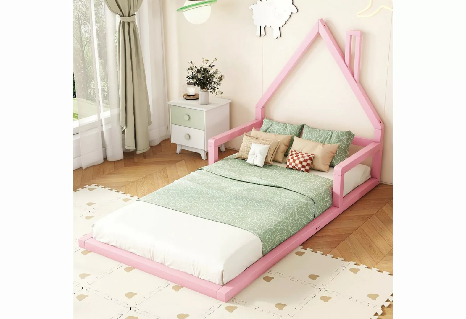 Rutaqian Kinderbett Einzelbett Flachbett Hausbett Bodenbett 90x200cm, Hausf günstig online kaufen