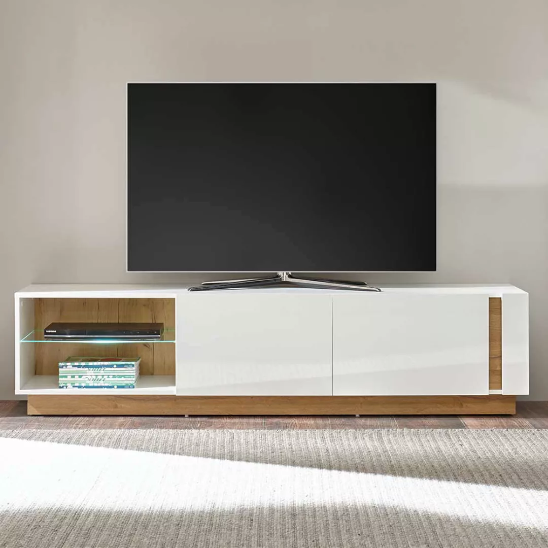 TV Lowboard in Weiß und Wildeiche Optik Klappe günstig online kaufen