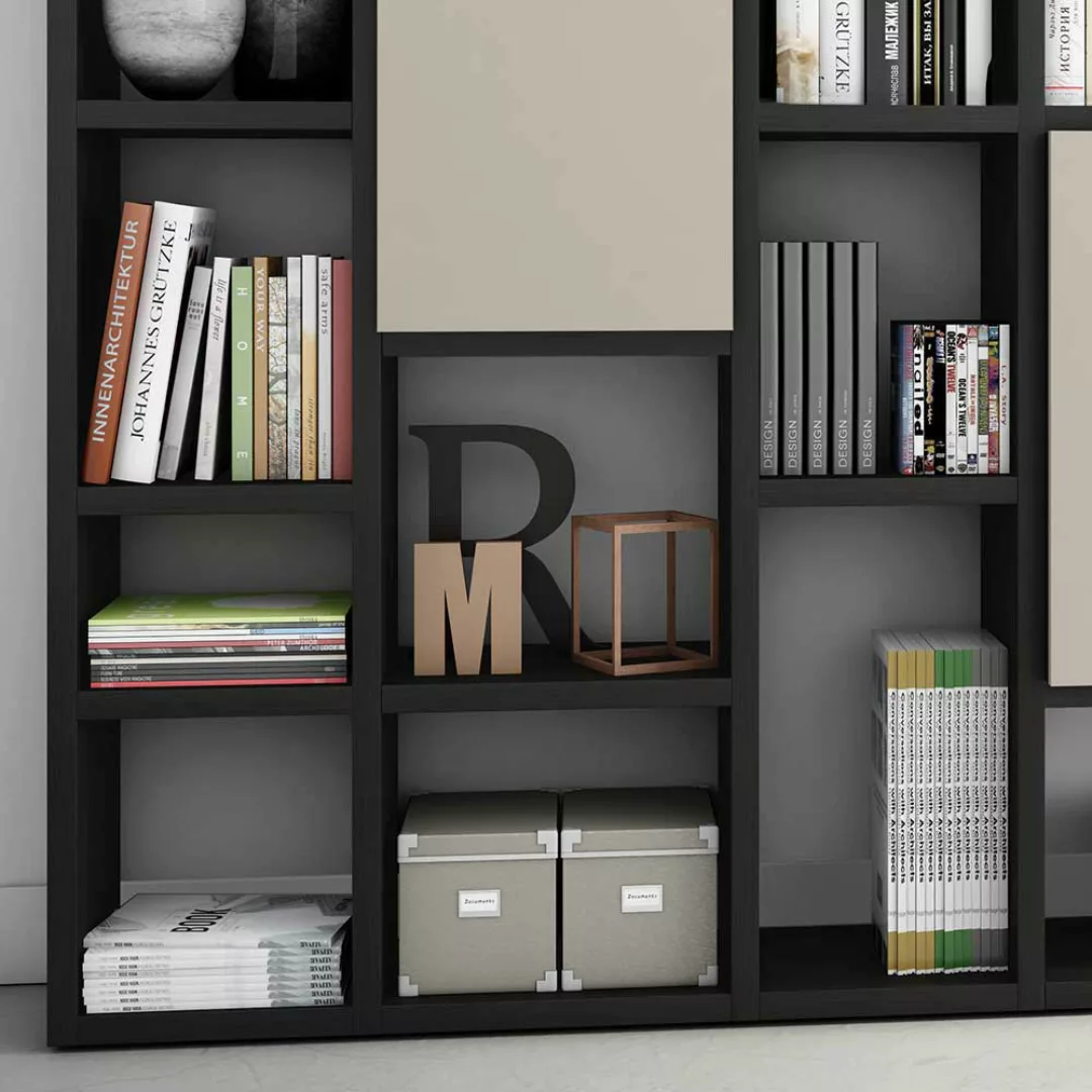 Design Bücherwand mit Türen Eiche Schwarz Braun und Beige günstig online kaufen