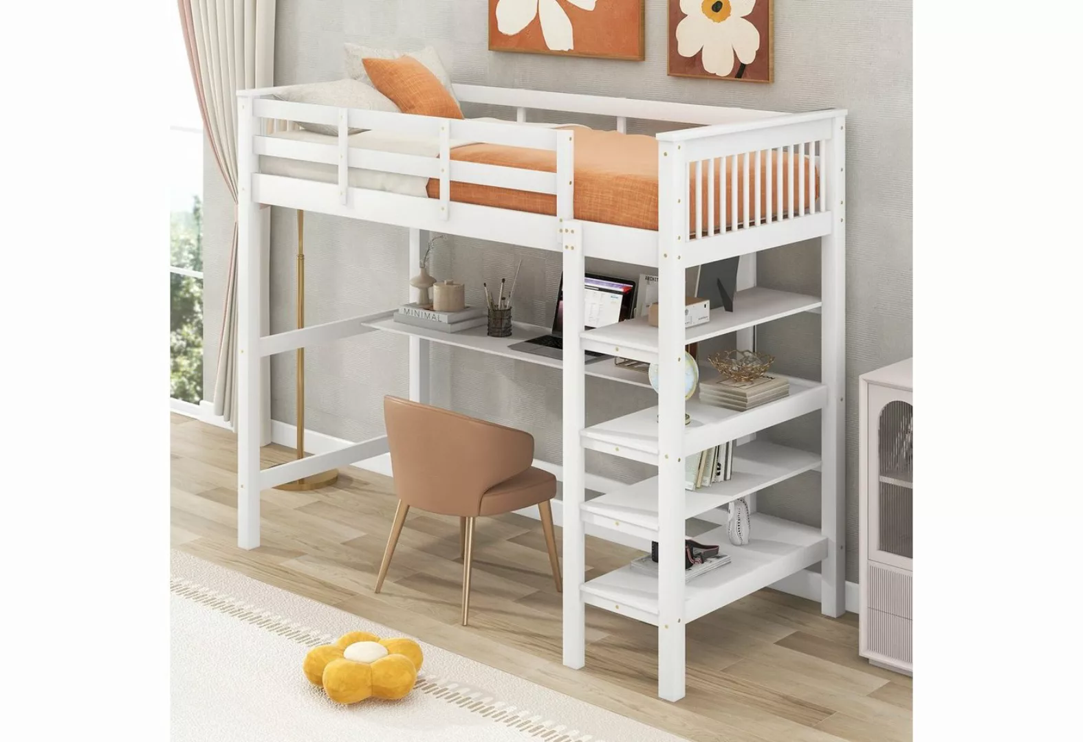 SOFTWEARY Hochbett Kinderbett mit Lattenrost (90x200 cm, Einzelbett mit Rau günstig online kaufen