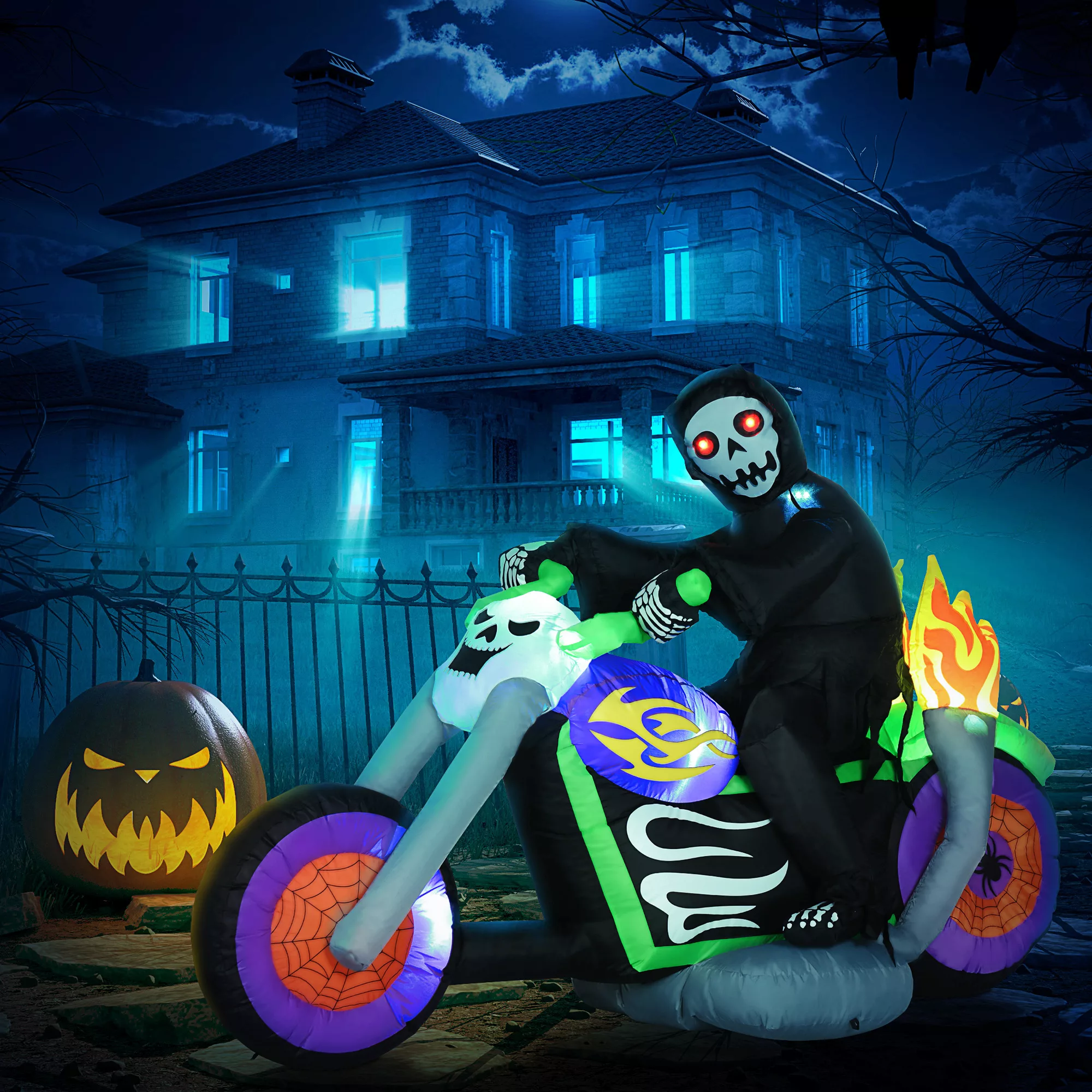HOMCOM Halloween-Dekoration 1,44 m Höllenbiker Motorradfahrer-Geist mit LED günstig online kaufen