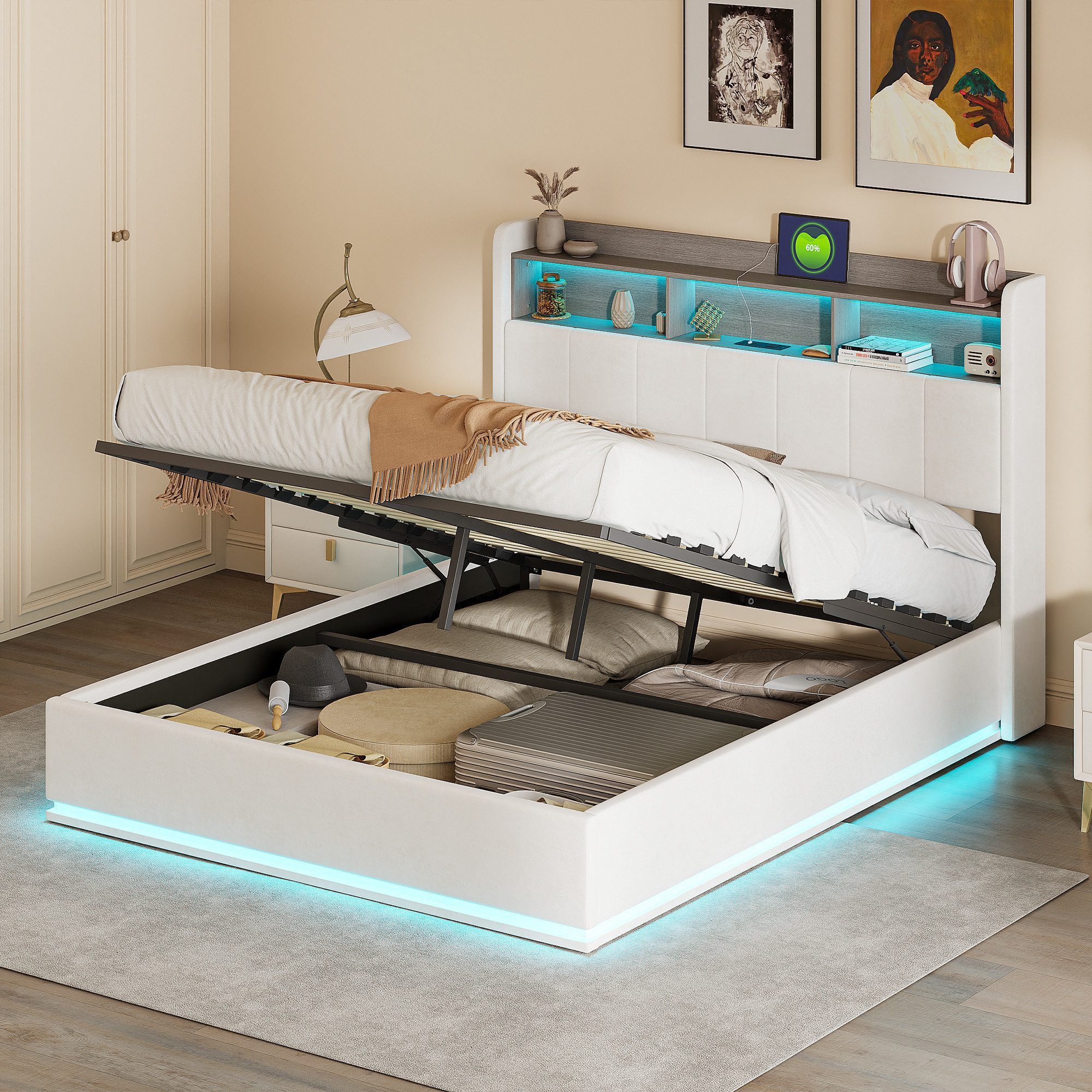 FUROKOY Stauraumbett Doppelbett Polsterbett mit LED-Beleuchtung günstig online kaufen